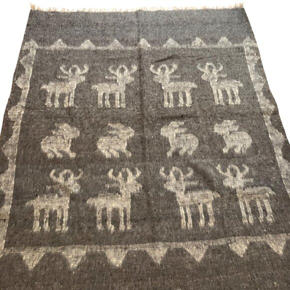 VTG Gray Woolen Reindeer Rabbit Pattern Blanket Throw Fringe Edges Handloom - Picture 2 of 5